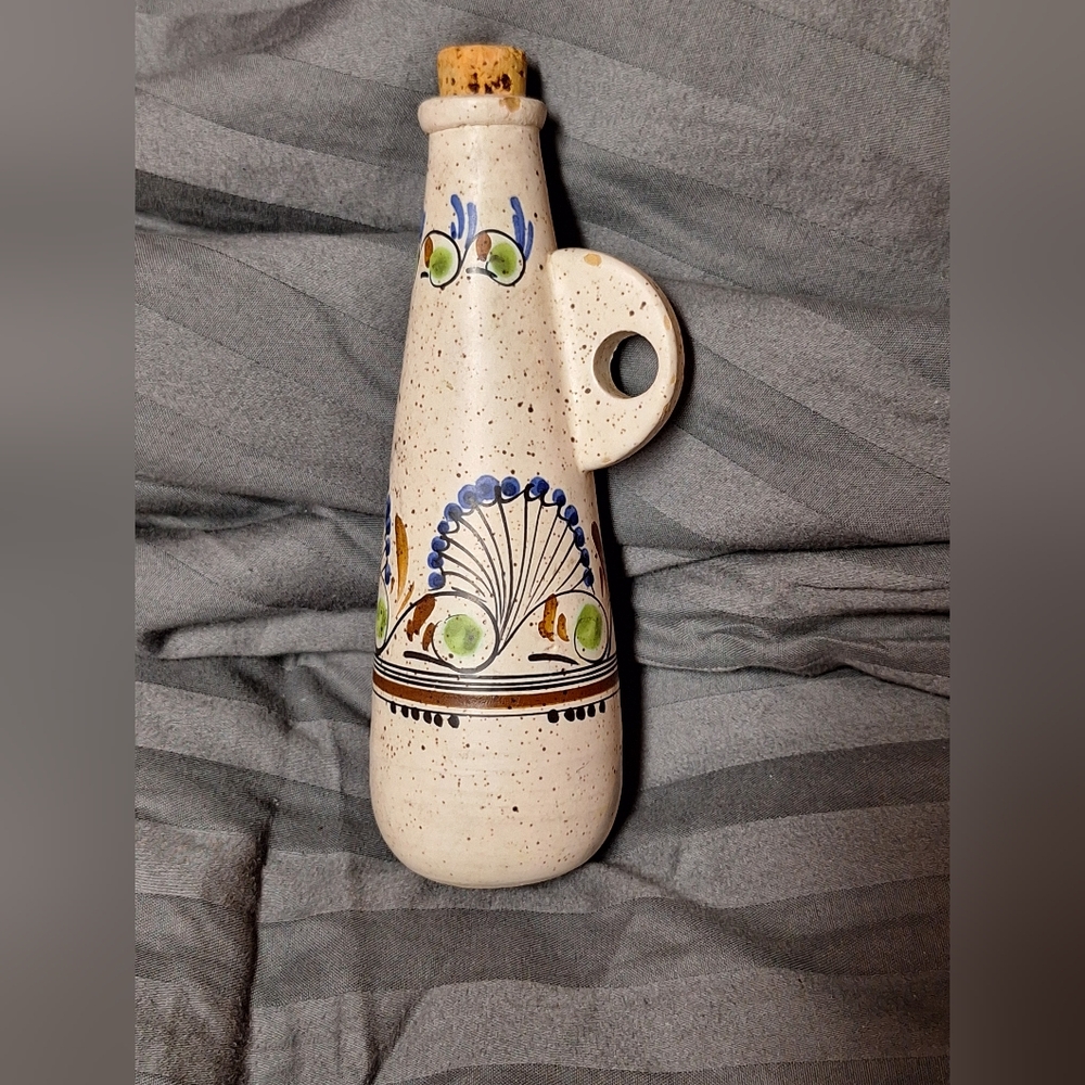 Handcrafted Pottery Vinager Bottle with Blue and Green Accents